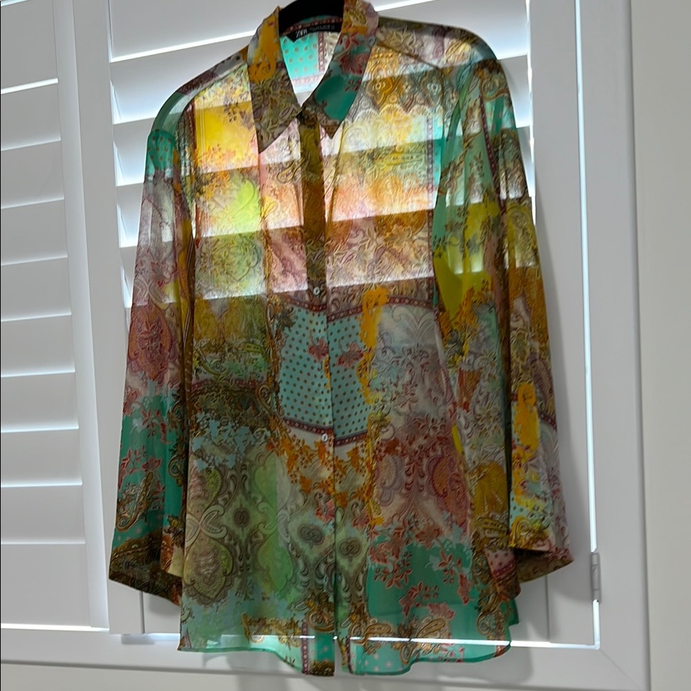 Zara Multicolor Sheer Casual Button Down Shirt with Abstract Pattern